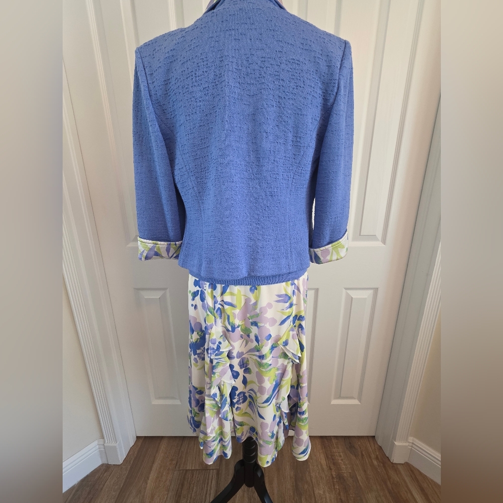 St John Santana Knit 3PC Suit Set Periwinkle Blazer/Shell/Silk Floral Skirt-SZ 6 - Picture 8 of 16